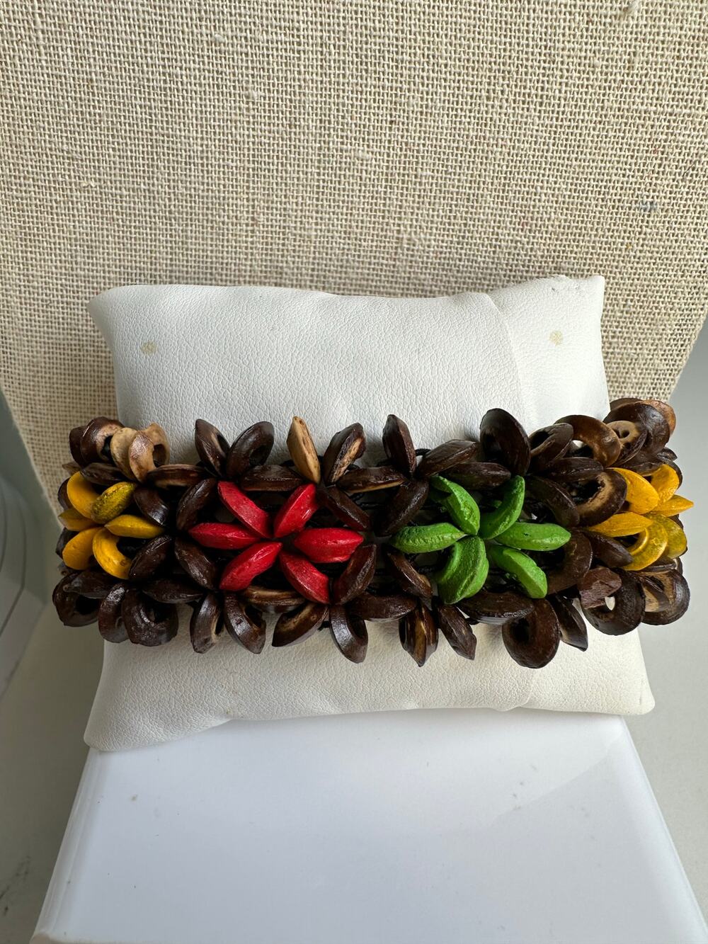 Vintage Wood Bead Floral Expansion Bracelet 70s Women's Boho Hippie 3D Colorful